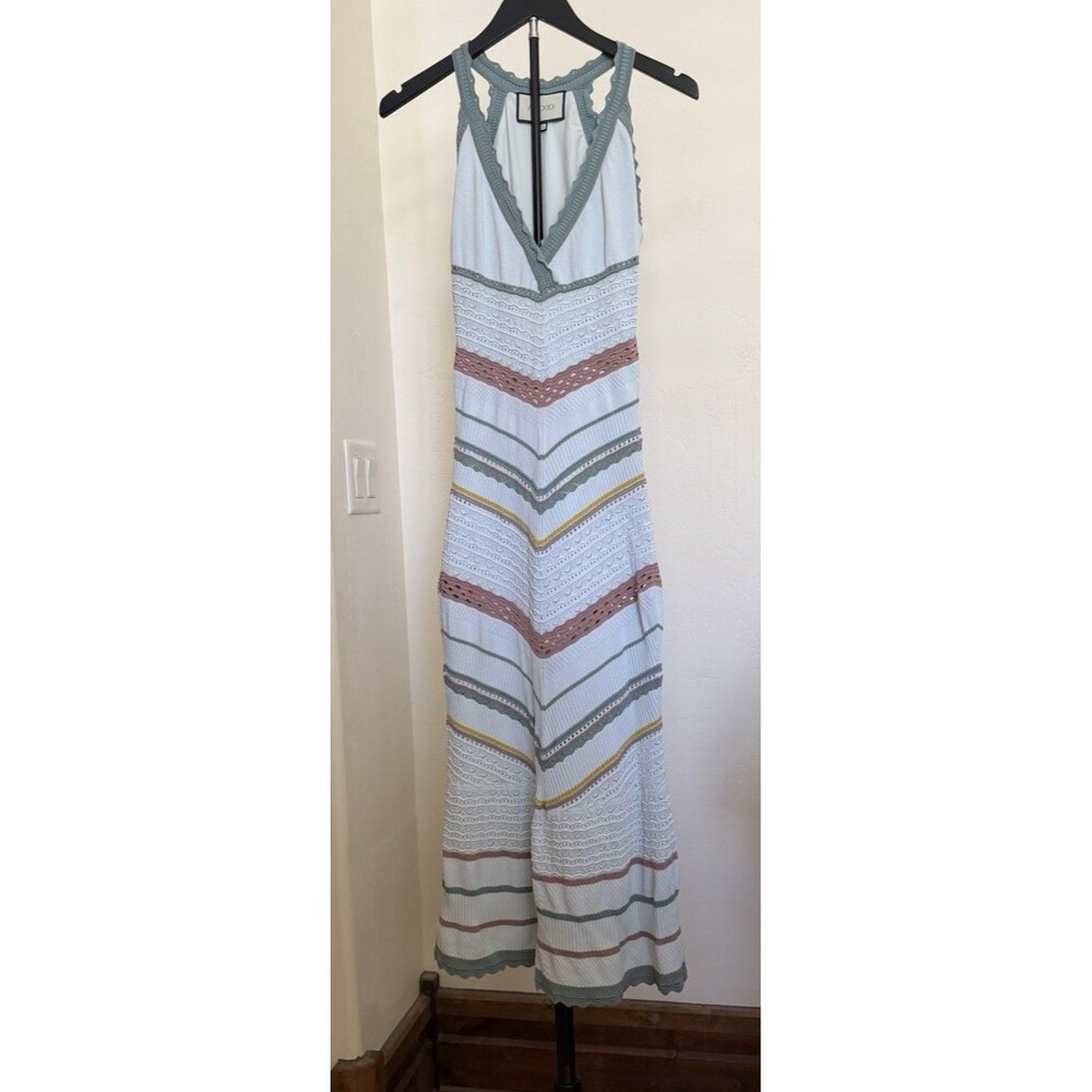 Alexis Allia Knit Crochet Midi Dress White Multi Stripe Chevron V-Neck Pointelle
